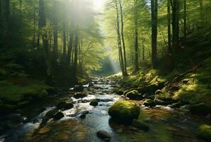 stream in the forest. generative ai photo