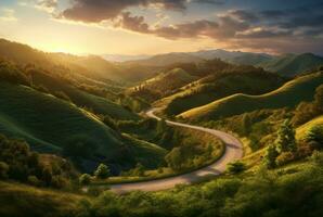 winding road in the hills with a beautiful view of the sun in the evening. generative ai photo