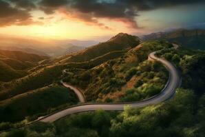 winding road in the hills with a beautiful view of the sun in the evening. generative ai photo