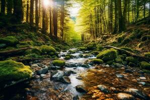 corriente en el bosque. generativo ai foto