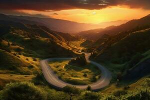 winding road in the hills with a beautiful view of the sun in the evening. generative ai photo