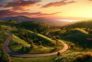 winding road in the hills with a beautiful view of the sun in the evening. generative ai photo