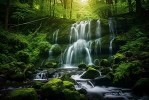 beautiful waterfall in the green forest. generative ai photo