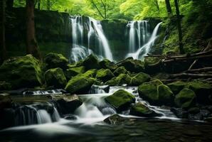 beautiful waterfall in the green forest. generative ai photo