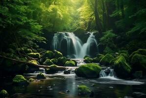 beautiful waterfall in the green forest. generative ai photo