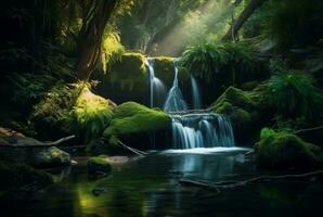 beautiful waterfall in the green forest. generative ai photo