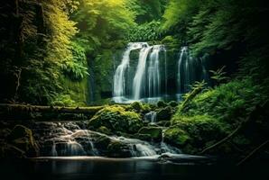 beautiful waterfall in the green forest. generative ai photo