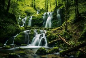 beautiful waterfall in the green forest. generative ai photo