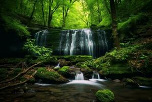 hermosa cascada en el verde bosque. generativo ai foto