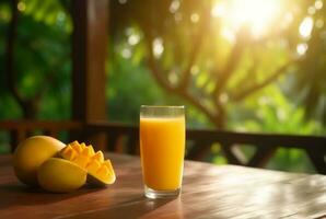 glass of mango juice with sliced fresh mangoes on wooden table with blurred background and sunlight. generative ai photo