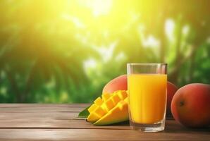 glass of mango juice with sliced fresh mangoes on wooden table with blurred background and sunlight. generative ai photo