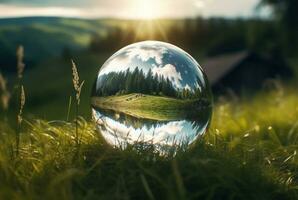 the glass ball on the green grass reflected nature landscape. generative ai photo