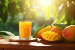 vaso de mango jugo con rebanado Fresco mangos en de madera mesa con borroso antecedentes y luz de sol. generativo ai foto