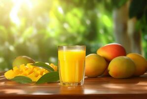 glass of mango juice with sliced fresh mangoes on wooden table with blurred background and sunlight. generative ai photo