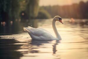 white swan swimming over river with blurred background. generative ai photo