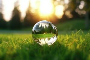 the glass ball on the green grass reflected nature landscape. generative ai photo