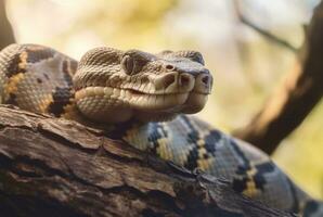 closeup of python on tree with blurred background. generative ai photo