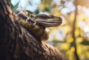 closeup of python on tree with blurred background. generative ai photo