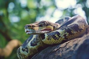 closeup of python on tree with blurred background. generative ai photo