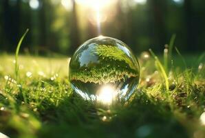 el vaso pelota en el verde césped reflejado naturaleza paisaje. generativo ai foto