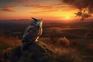 owl on the hill with the beauty of the sunset in the afternoon. generative ai photo