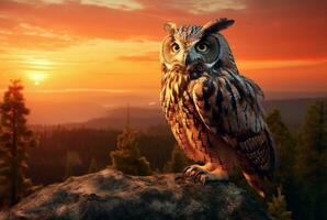 owl on the hill with the beauty of the sunset in the afternoon. generative ai photo