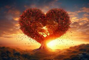 heart shaped tree with beautiful sunset. generative ai photo