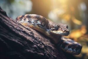 closeup of python on tree with blurred background. generative ai photo