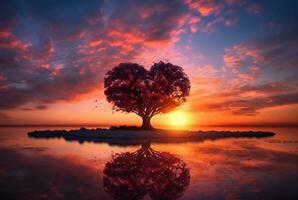 heart shaped tree with beautiful sunset. generative ai photo