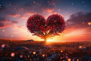 heart shaped tree with beautiful sunset. generative ai photo