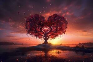 heart shaped tree with beautiful sunset. generative ai photo