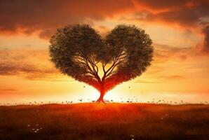 heart shaped tree with beautiful sunset. generative ai photo