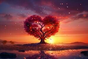 heart shaped tree with beautiful sunset. generative ai photo