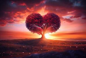 corazón conformado árbol con hermosa puesta de sol. generativo ai foto