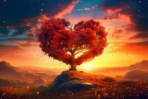 heart shaped tree with beautiful sunset. generative ai photo