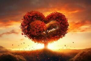 corazón conformado árbol con hermosa puesta de sol. generativo ai foto