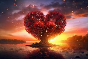 heart shaped tree with beautiful sunset. generative ai photo