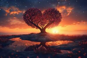 heart shaped tree with beautiful sunset. generative ai photo