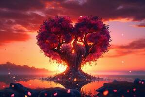 heart shaped tree with beautiful sunset. generative ai photo