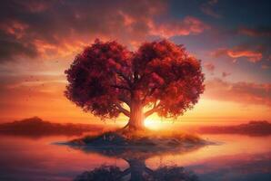 heart shaped tree with beautiful sunset. generative ai photo