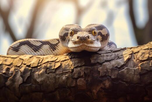 closeup of python on tree with blurred background. generative ai photo