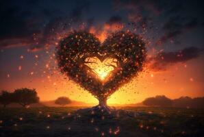 heart shaped tree with beautiful sunset. generative ai photo