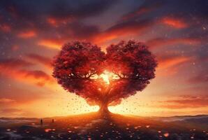 heart shaped tree with beautiful sunset. generative ai photo