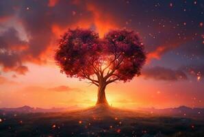 corazón conformado árbol con hermosa puesta de sol. generativo ai foto