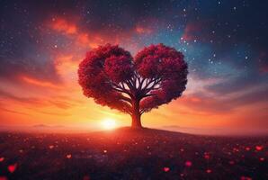 heart shaped tree with beautiful sunset. generative ai photo