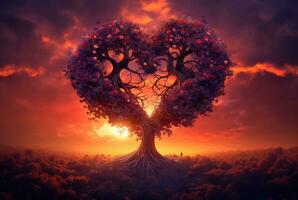 heart shaped tree with beautiful sunset. generative ai photo