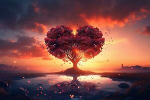 heart shaped tree with beautiful sunset. generative ai photo