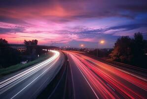 time lapse photography of highway road at night background. generative ai photo