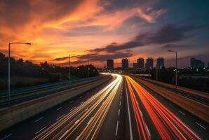 time lapse photography of highway road at night background. generative ai photo