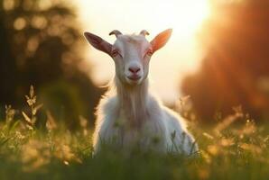 goat in the green grass of the garden with blurred background. generative ai photo